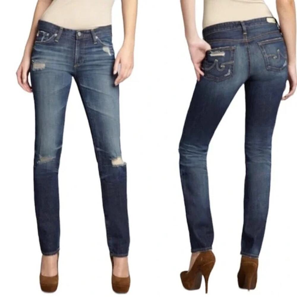 Adriano Goldschmied AG Premiere Skinny Straight Jeans Distressed Ripped Size 25